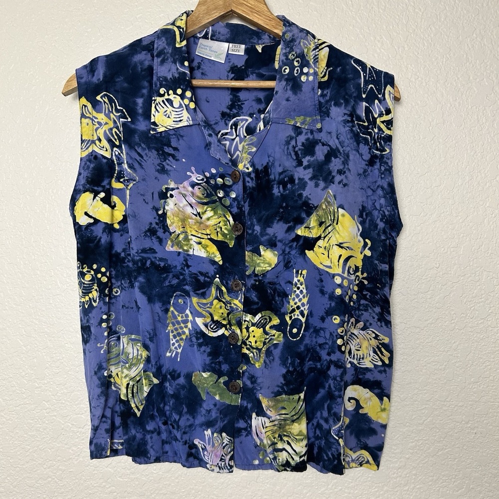 Tropical Earth Tone Women Tie Dye Sleeveless Blouse Button Up Tropical Free Size
